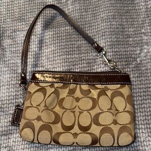 Coach Brown and Tan Wristlet with Signature Pattern
